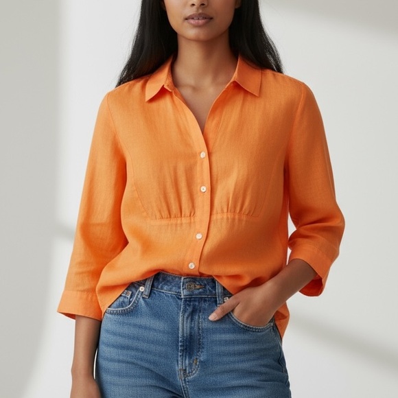 Talbots Irish Linen Tangerine Orange Womens 3/4 Sleeve Button Down Womens 12P - Picture 1 of 9